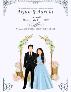 a wedding card with an illustration of a bride and groom standing next to each other