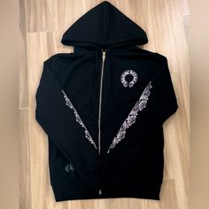 Chrome Hearts Zip-Up Hoodie Black Floral Print Size Large Chrome Hearts Zip Up, Chrome Hearts Jacket, Drake Hoodie, Chrome Hearts Hoodie, Royal Blue Sweater, Sweaters Black, Heart Clothes, Future Wardrobe, Thermal Sweater