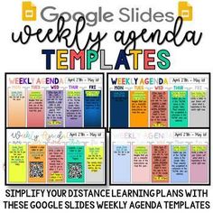 the google slides weekly agenda template is shown in three different colors and font, along with two