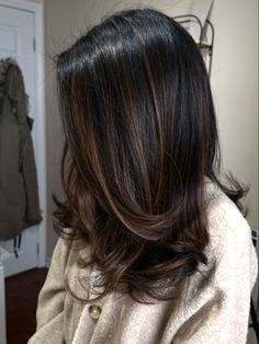 Hair Colour For Highlights, Highlight On Ends Of Hair, Hair Colouring Ideas For Black Hair, Brown Colour Hair Highlights, Natural Black Hair Color With Highlights, Best Hair Colour For Black Hair, Brunette Colour Ideas, Brown Black Hair Ideas, Hair Dye For Morena Skin