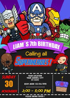 an avengers birthday party with cartoon characters on the front and back of it, including captain america