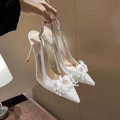 LBSFY - French Bride Gold Wedding Shoes Slim Heels, Pointed Toe, Shallow Mouth Flower Water Diamond High Heels, Headband, Back Hollow White Formal Wedding Shoes With Flower Design, Elegant Flower Heels For Wedding, White Wedding Shoes For Spring Banquet, White Spring Wedding Shoes, White Closed Toe Wedding Shoes For Banquet, White Closed-toe Wedding Shoes For Banquet, White Open Toe Heels For Banquet, White Closed Toe Heels For Banquet, White Pointed Toe Heels For Banquet