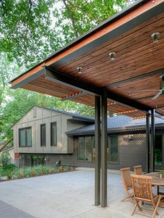 an outdoor covered patio with table and chairs