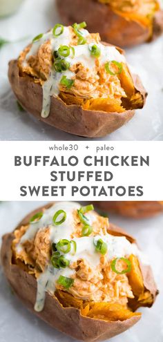 buffalo chicken stuffed sweet potatoes with green onions and ranch dressing on top is shown in this recipe