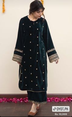 Velvet Palazzo, Mirror Work Dupatta, Trouser Suit, Dark Green Color