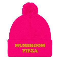 What do you put on your pizza? This mushroom pizza beanie is a perfect warm and cozy hat for cold weather. It's a classic beanie with a pom pom on top and a unique foodie embroidery. • 100% acrylic • 12″ (30.5 cm) knit • Fold-over 3″ (7.6 cm) cuff • One size fits most --- *See size guide* Funny Beanies, Foodie Outfit, Mushroom Pizza, Weird Gifts, Embroidered Beanie, Cozy Hat, Happy Design, Foodie Gifts, Kids Swimwear