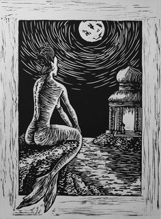 a black and white drawing of a woman sitting on the edge of a pier at night