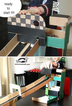 two pictures showing the process of making a race car out of cardboard boxes, and an image of a child's hand reaching for it