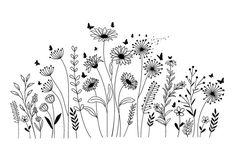 black and white drawing of flowers with butterflies