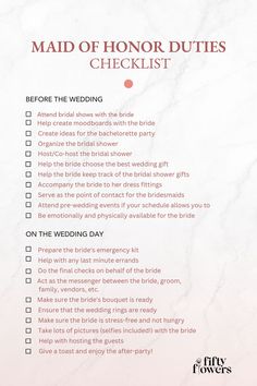 A graphic featuring a maid of honor duties checklist for wedding planning. Roles Of Maid Of Honor, Bridesmaid Roles And Responsibilities, Bridesmaid Checklist, Flower Girl Proposal Ideas, Diy Wedding Tips, Wedding Tips And Tricks