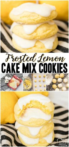 frosted lemon cake mix cookies are stacked on top of each other with the words frosted lemon