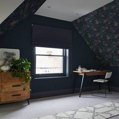 a room with blue walls and floral wallpaper on the ceiling, along with a white rug