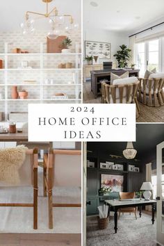 four different pictures with the words home office ideas in white and brown colors, including chairs,