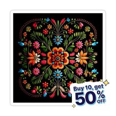 a black background with colorful flowers on it and the words buy 10 get 50 % off