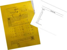 two sheets of yellow paper with numbers on them next to one sheet of white paper