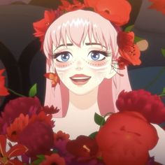 a woman with pink hair and blue eyes surrounded by red flowers in front of her