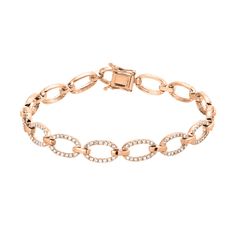 This spectacular bracelet features a stylized chain motif set with diamonds. 6.5" length; other lengths and colors are available to order. This bracelet has a sturdy tongue clasp with a security clip. Handmade in solid 14k gold and all-natural, conflict free diamonds. SKU: B0100222 Total approximate diamond weight: 0.26ct Fine Jewelry Diamond Link Jubilee Bracelet, Diamond Link Bracelet With Jubilee Design, Fine Jewelry Diamond Jubilee Link Bracelet, Formal Link Diamond Bracelet, Fine Jewelry Diamond Link Gold Bracelet, Diamond Link Gold Bracelet Fine Jewelry, Fine Jewelry Gold Diamond Link Bracelet, Fine Jewelry Diamond Link Bracelet, Diamond Link Bracelet In Fine Jewelry Style