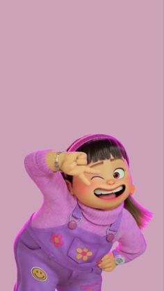 a cartoon character in purple clothes with her hands on her head and one hand behind her head