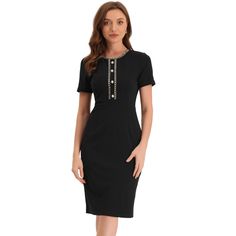 This tweed trim dress is crafted in a body-con fit with a short sleeve and button decor front. A summer-weather essential, this elegant dress is cut with tweed piped and back split hem. Occasion: wear to work, business, office, a job interview, cocktail, wedding guest, party, church, etc. Pair it with these high heels for elegant summer outfits. Fitted Short Sleeve Tweed Dress With Buttons, Fitted Tweed Dress With Buttons And Short Sleeves, Elegant Fitted Short Sleeve Tweed Dress, Elegant Short Sleeve Tweed Dress With Buttons, Fitted Tweed Dress With Buttons For Work, Knee-length Buttoned Tweed Dress For Work, Knee-length Tweed Dress For Work, Knee-length Tweed Dress With Buttons For Work, Elegant Summer Outfits