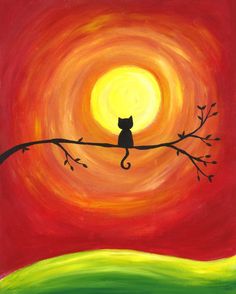 an acrylic painting of a cat sitting on a tree branch with the sun in the background