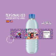 a water bottle label with an image of cartoon characters and sprinkles on it