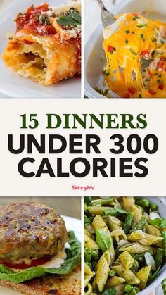 the cover of 15 dinneres under 300 calories, with images of different types of food