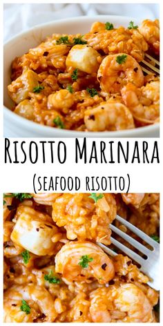 a close up of a plate of food with shrimp and rice on it, the text reads risotto marina seafood risotto