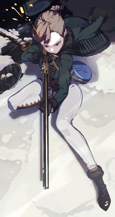 an anime character sitting in the snow with skis on her feet and holding poles