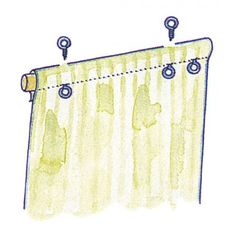 a drawing of a yellow curtain with hooks on the rod ends and an eyelet