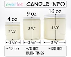 three jars with measurements for each candle