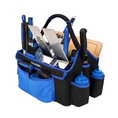 a blue tool bag filled with lots of tools