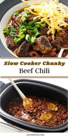 slow cooker chunk beef chili with cheese on top and in the crock pot