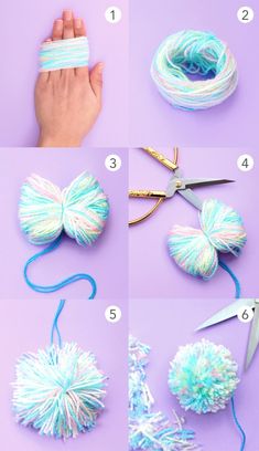 how to make pom - poms with yarn and scissors on purple background, step by step instructions