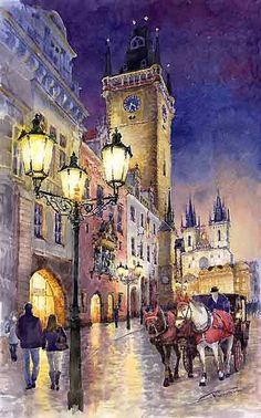 a painting of people walking down the street with horse drawn carriages in front of a clock tower