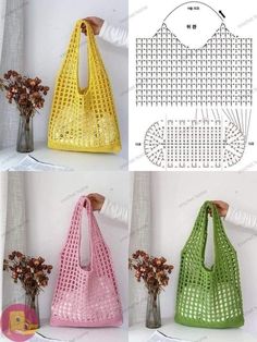 three different purses are shown with flowers in the vase and one is made out of crochet