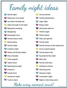 the family night ideas list with colorful hearts