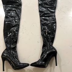 Fairly New Thigh-High Black Leather Boots. In Perfect Condition (Only Worn Twice). Very Fashionable And Trendy! Sleek Black Thigh-high Boots, Luxury Black Thigh-high Heeled Boots, Luxury High Heel Patent Leather Knee-high Boots, Luxury Patent Leather High Heel Knee-high Boots, Tall Thigh-high Faux Leather Heeled Boots, Diamond Quilt, Black Leather Boots, Thigh Highs, Rain Boots