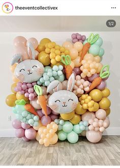 a bunch of balloons that have animals and carrots on them in the shape of rabbits