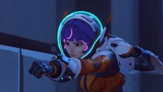 an overwatching female character with purple hair pointing at something