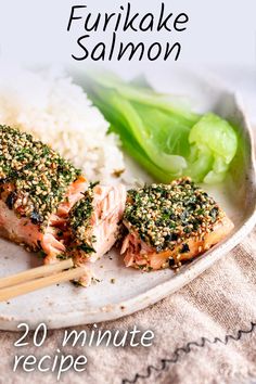 salmon and rice on a white plate with the words, 20 minute recipe for furikake salmon