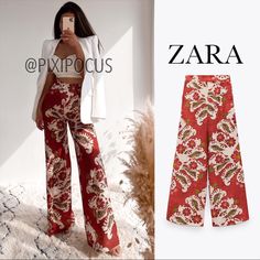 Zara Linen Blend Wide Leg Pants New With Tags High-Waist Trousers Made Of A Linen Blend. Side Pockets And Wide-Leg Fit. Boho / Floral Paisley Print Front Zip Fly, Top Button And Metal Hook Fastening. Multicoloured | 2760/101 Approx Measurements: Small 13” Across Waist 13” Rise Medium 14” Across Waist 13” Rise Large 15” Across Waist 13” Rise 20” Across Hips Inseam = 32” S/M/L2 - Dd Chic Red Floral Print Bottoms, Matching Pants Set, Plaid Dress Pants, Floral Print Pants, Wide Leg Palazzo Pants, Striped Wide Leg Pants, Wide Leg Dress Pants, Belted Pants, Summer Linen