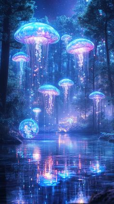 A dreamlike forest filled with floating luminescent jellyfish and towering crystal trees, bathed in soft, pastel moonlight reflecting on a shimmering lake. Cyberpunk Jellyfish, Jellyfish Landscape, Luminescent Jellyfish, Magical Jellyfish, Space Jellyfish, Psychic Witch, Surreal Forest, Bioluminescent Jellyfish, Glowing Water