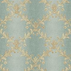 a blue and gold wallpaper with an ornate design