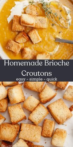 homemade brioche croutons in a white bowl