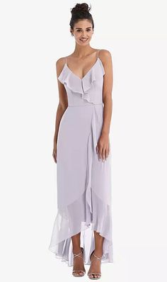 Shop this With an elegant design that's sure to turn heads, this lux chiffon maxi dress is perfect for weddings, proms, or any dressy occasion. Flirty, flowy ruffles along the neckline and skirt add a fun, feminine touch. A faux wrap skirt rounds out the design in figure-flattering style. Wrap Dress Bridesmaid, Dessy Collection, Faux Wrap Skirt, Tulip Skirt, Bridesmaid Style, Chiffon Maxi, Chiffon Maxi Dress, Dress Measurements, Custom Dresses