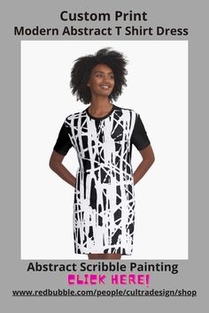 Modern abstract scribble painting- T-Shirt Dress white and black. T-Shirt Dress with scribble painting, white black scribble painting, art scribble painting, Also available in home décor, t shirt for men, women dresses, art patterns, stationary, comforter, blanket, pillows, face mask, duvet covers, phone cases, stickers, shower curtain, bath mat, tapestry, clock, coasters, bags, and kids clothing. Scribble Painting, Art Scribble, Black Scribble, Dresses Art, Comforter Blanket, Art Patterns, White Shirt Dress