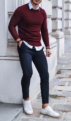 #menswear 's Fashion Maroon Sweater Outfit, Mens Fall Outfits, Sweater Outfits Men, Smart Casual Menswear, Mens Business Casual Outfits, Herren Style, Formal Men Outfit, Mens Casual Outfits Summer, Men Fashion Casual Shirts