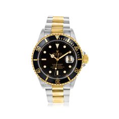 Pre-Owned Rolex Submariner Men's 40mm Automatic Stainless Steel, 18kt Gold Watch. Experience the renowned luxury of a pre-owned Rolex with this Submariner timepiece from our partner, Swiss Crown USA. A design that quickly became iconic for its robust yet functional design, this 40mm men's watch features Swiss automatic movement, black dial, aftermarket synthetic sapphire crystal, 18kt yellow gold crown and bezel, and a stainless steel and 18kt yellow gold oyster bracelet that finishes with a fol Rolex Submariner Gold, Oyster Bracelet, Pre Owned Rolex, Gold Crown, Rolex Submariner, Watch Movement, Stainless Steel Watch, Men's Watch, Functional Design