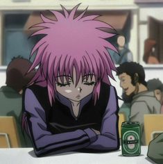 an anime character with pink hair sitting at a table next to a can of soda