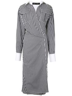 black/white cotton vertical stripe print wraparound style V-neck long sleeves buttoned cuffs side tie fastening side slits mid-length Chic Long Sleeve Vertical Stripe Shirt Dress, Chic Long Sleeve Shirt Dress With Vertical Stripes, Long Sleeve Shirt Dress With Striped Collar For Work, Striped V-neck Midi Dress For Work, Long Sleeve Vertical Stripes Work Dress, Long Sleeve Vertical Stripe Work Dresses, Striped Long Sleeve Shirt Dress For Formal Occasions, Striped Midi Shirt Dress For Work, Long Sleeve Dresses With Vertical Stripes For Work